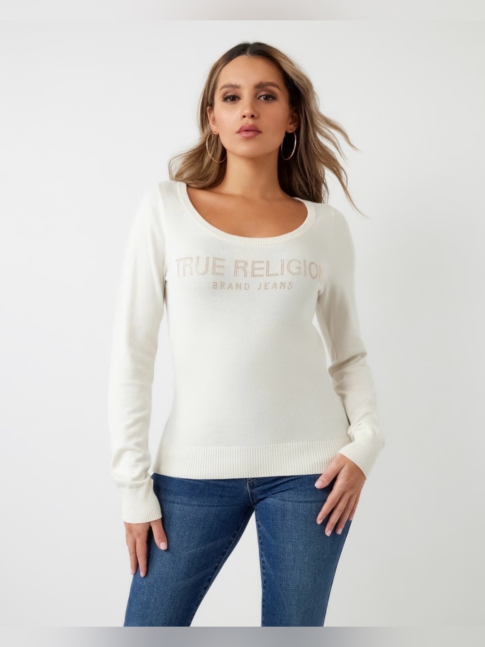 True Religion Crystal Logo Sweater Womens M Pullover Lightweight Ivory #207359
